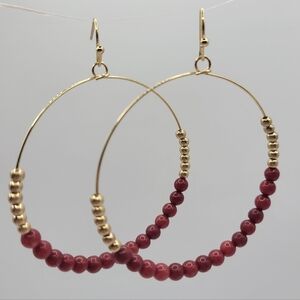 New Beaded Circle Hoop Earrings 1.75" Red Fuchsia Natural Stone Gold Plated